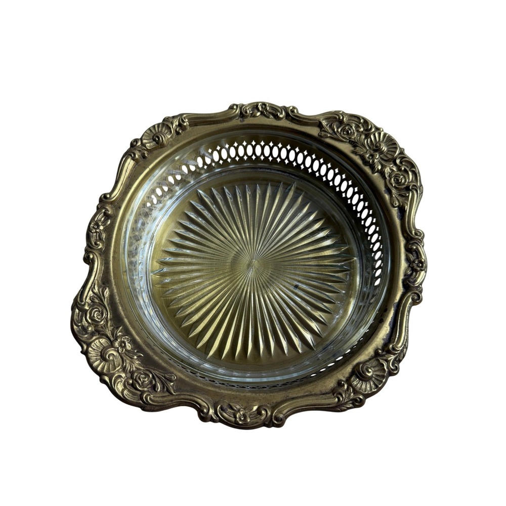 Vintage Brass Gallery Tray Ornate Floral‎ Rim Starburst Cut Glass Insert